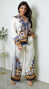 Georgina Floral Print Satin Set - Cream